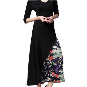 Black Maci Dress Women's Asymmetrical Long Maxi Sheer Floral Panel Dress